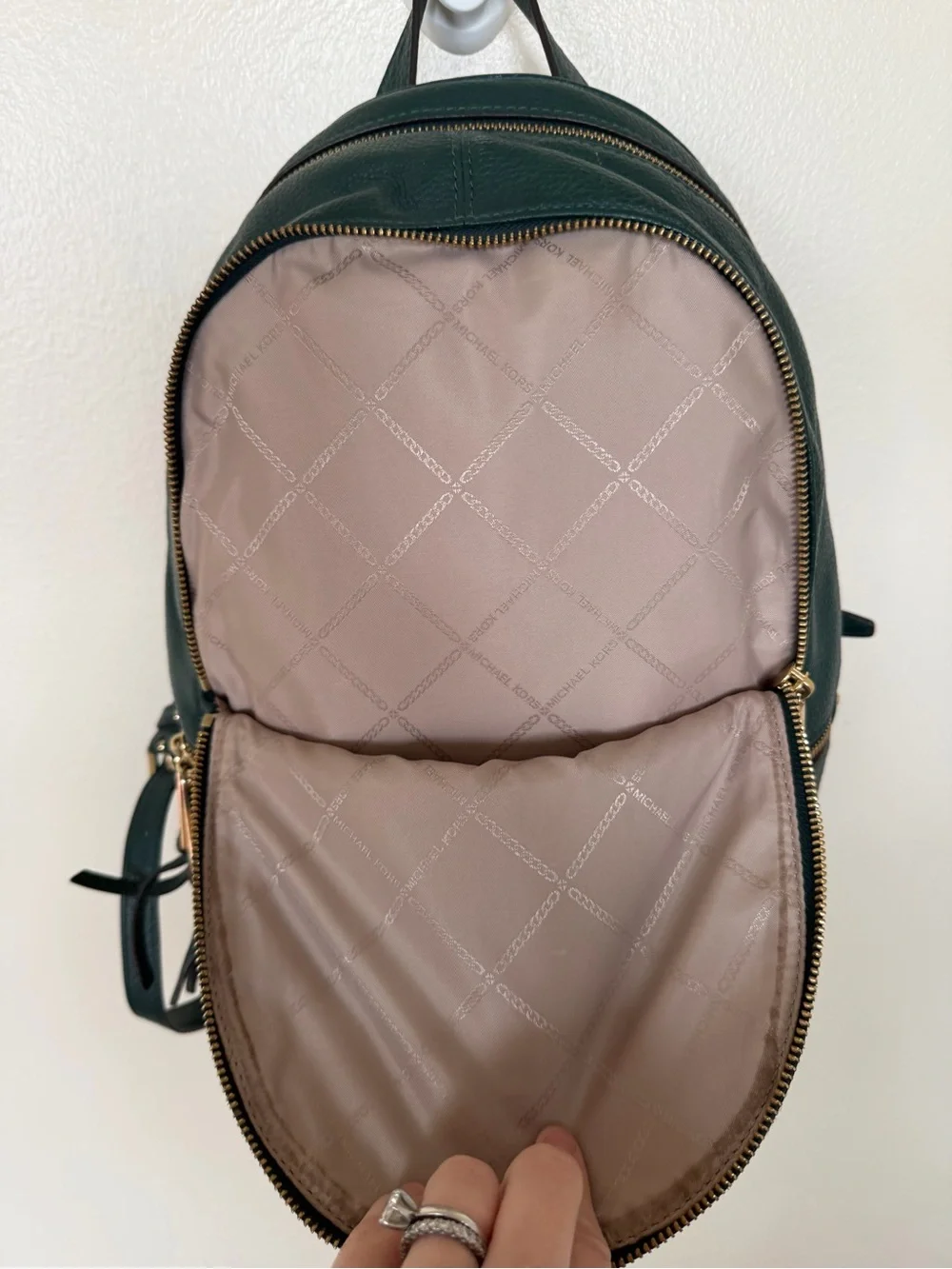 MICHAEL KORS Green Pebbled Leather Backpack Gold Hardware Zipper Inner Pocket